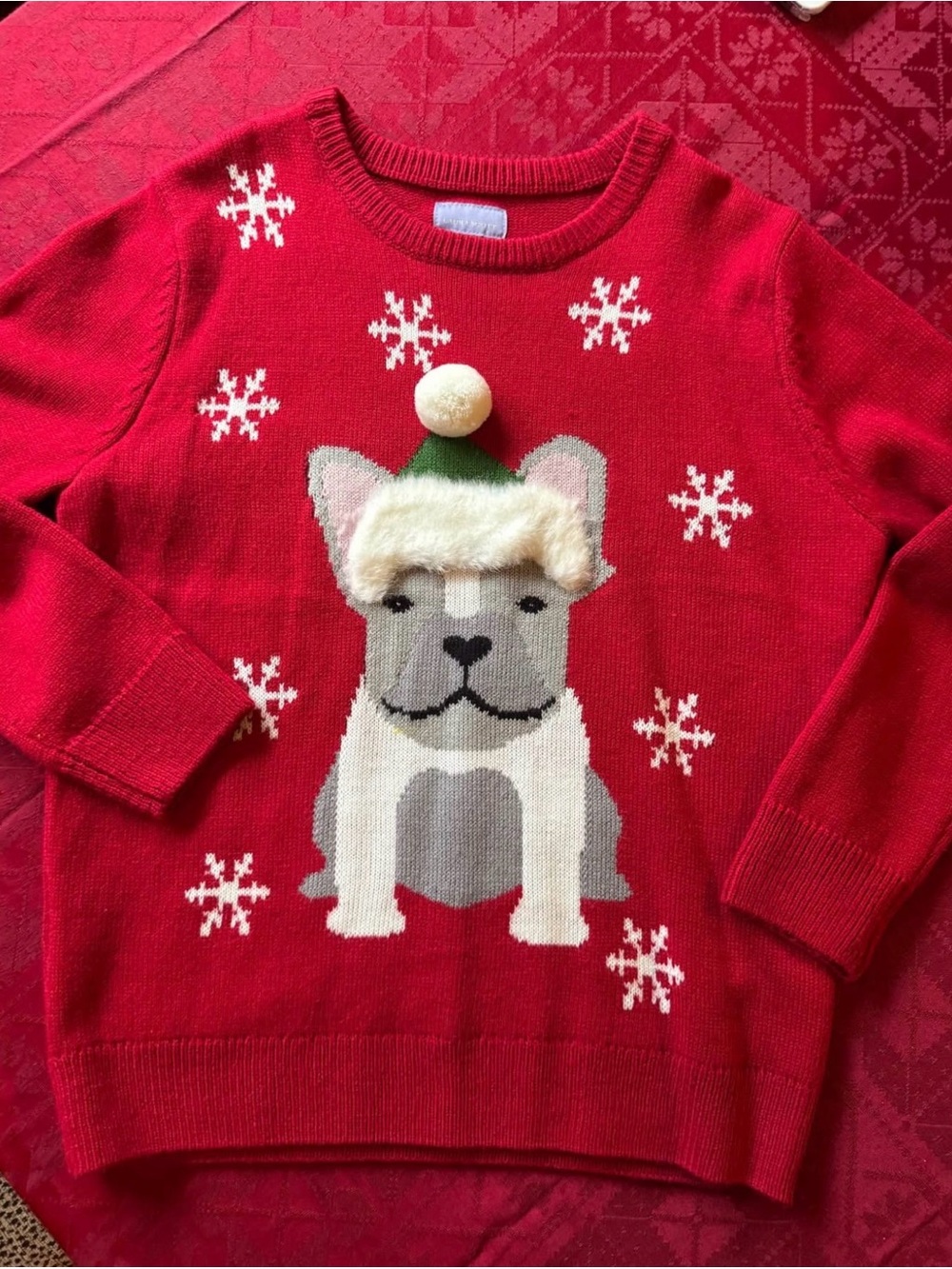 Laura Scott Red French Bull Dog Christmas Sweater with Pom Pom